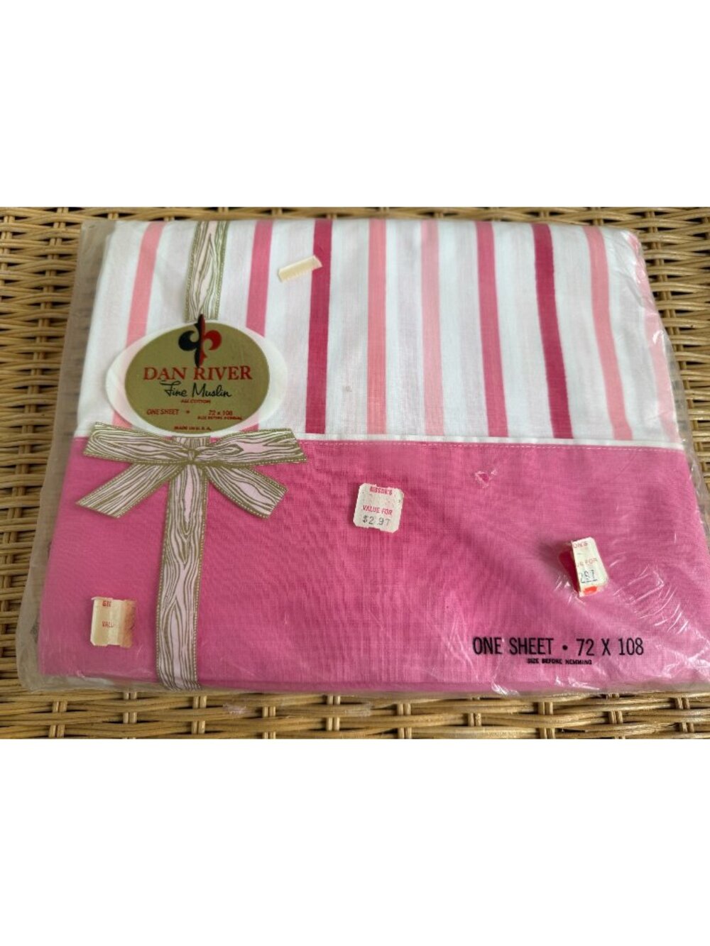 Vintage 60s Dan River Cotton Flat Sheet Pink Stripe Twin NOS